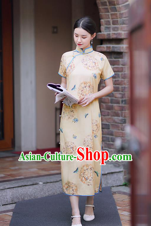 Republic of China Classical Printing Butterfly Qipao Dress Traditional Minguo Shanghai Woman Apricot Cheongsam