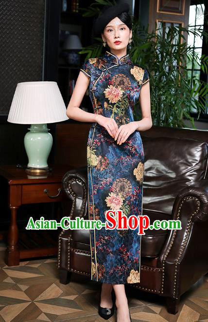 China Classical Printing Peony Navy Silk Cheongsam Traditional Minguo Shanghai Stand Collar Qipao Dress