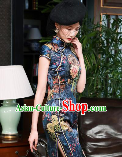 China Classical Printing Peony Navy Silk Cheongsam Traditional Minguo Shanghai Stand Collar Qipao Dress