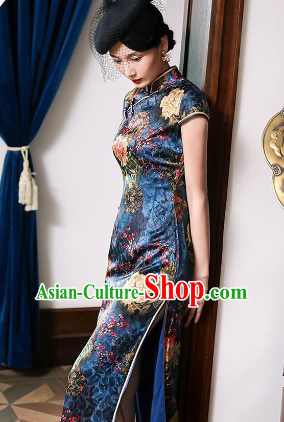 China Classical Printing Peony Navy Silk Cheongsam Traditional Minguo Shanghai Stand Collar Qipao Dress