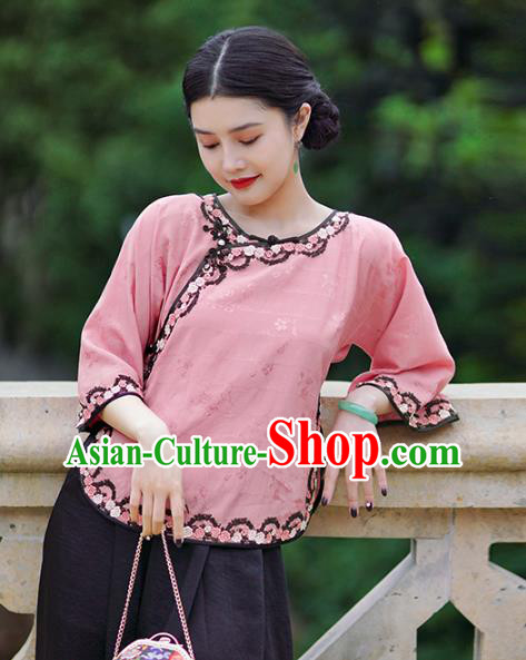 Chinese National Pink Silk Shirt Tang Suit Upper Outer Garment Woman Blouse Clothing