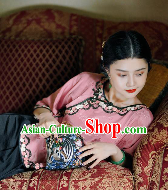 Chinese National Pink Silk Shirt Tang Suit Upper Outer Garment Woman Blouse Clothing