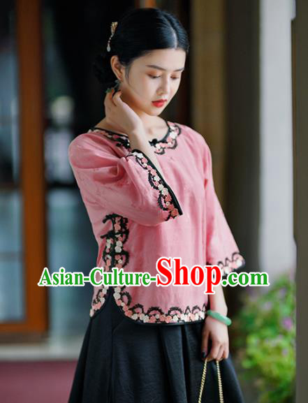 Chinese National Pink Silk Shirt Tang Suit Upper Outer Garment Woman Blouse Clothing