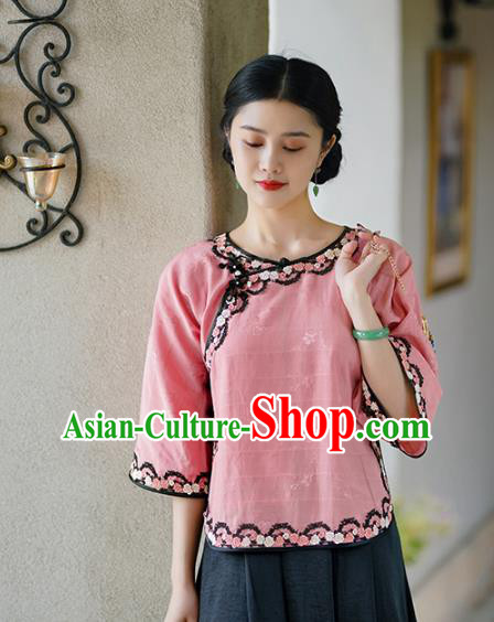 Chinese National Pink Silk Shirt Tang Suit Upper Outer Garment Woman Blouse Clothing