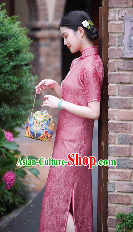 Republic of China Classical Squirrel Grape Pattern Red Silk Qipao Dress Traditional Minguo Shanghai Lady Cheongsam