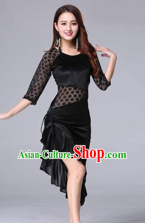 Asian Oriental Dance Raks Sharki Costume Indian Belly Dance Training Black Velvet Lace Dress