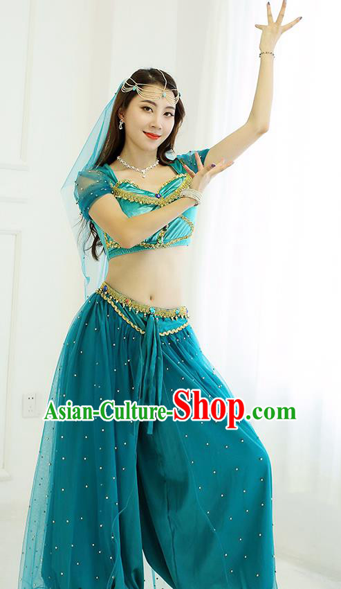 Indian Folk Dance Performance Clothing Belly Dance Bollywood Princess Jasmine Blue Top and Pants Uniforms