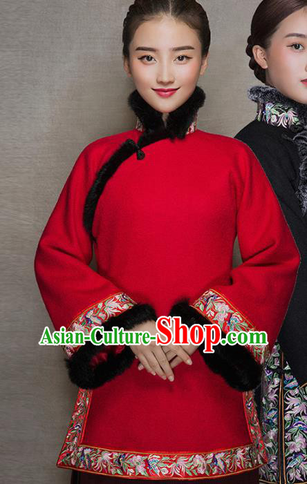 Chinese National Embroidered Red Woolen Jacket Tang Suit Outer Garment Woman Winter Clothing