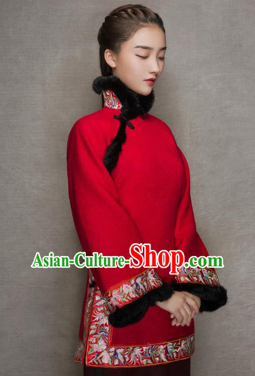 Chinese National Embroidered Red Woolen Jacket Tang Suit Outer Garment Woman Winter Clothing