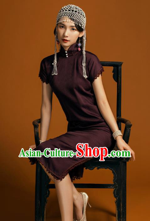 China Classical Lace Sleeve Cheongsam Traditional Young Lady Deep Purple Qipao Dress