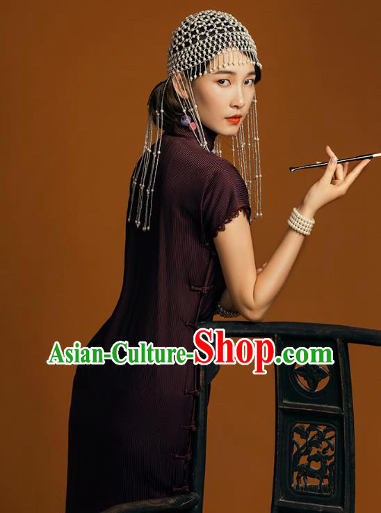 China Classical Lace Sleeve Cheongsam Traditional Young Lady Deep Purple Qipao Dress