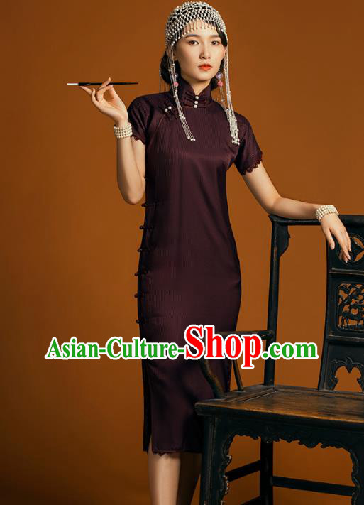 China Classical Lace Sleeve Cheongsam Traditional Young Lady Deep Purple Qipao Dress