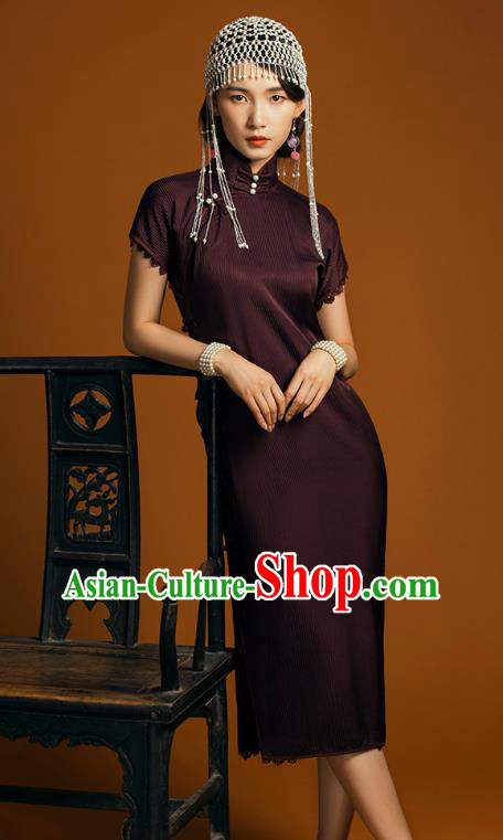 China Classical Lace Sleeve Cheongsam Traditional Young Lady Deep Purple Qipao Dress