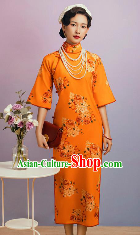 China Classical Wide Sleeve Cheongsam Traditional Minguo Shanghai Printing Flowers Orange Qipao Dress