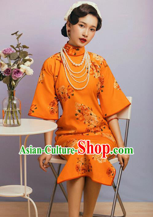China Classical Wide Sleeve Cheongsam Traditional Minguo Shanghai Printing Flowers Orange Qipao Dress