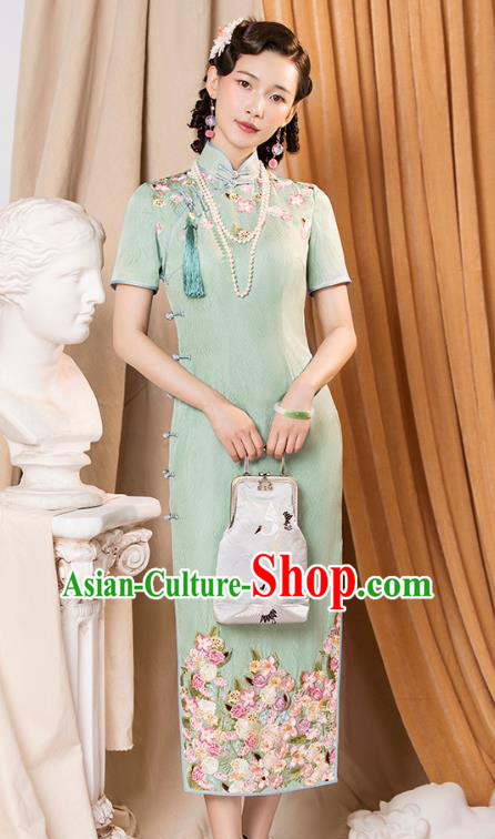 China Classical Shanghai Cheongsam Traditional Minguo Printing Flowers Light Green Qipao Dress