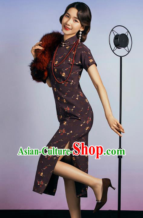 China Classical Deep Brown Silk Cheongsam Traditional Minguo Old Shanghai Singer Qipao Dress