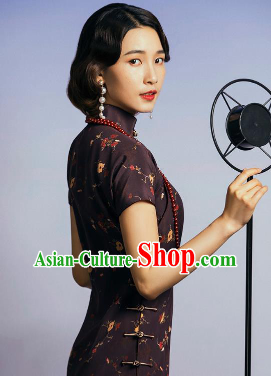 China Classical Deep Brown Silk Cheongsam Traditional Minguo Old Shanghai Singer Qipao Dress