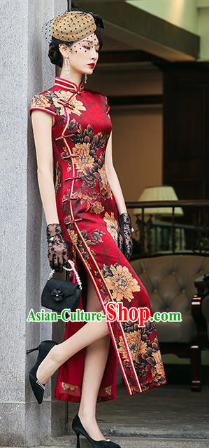 China National Wedding Mother Red Silk Cheongsam Traditional Woman Printing Peony Qipao Dress