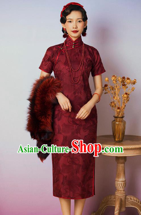 China Classical Upper Outer Garment Cheongsam Traditional Minguo Shanghai Wine Red Silk Qipao Dress