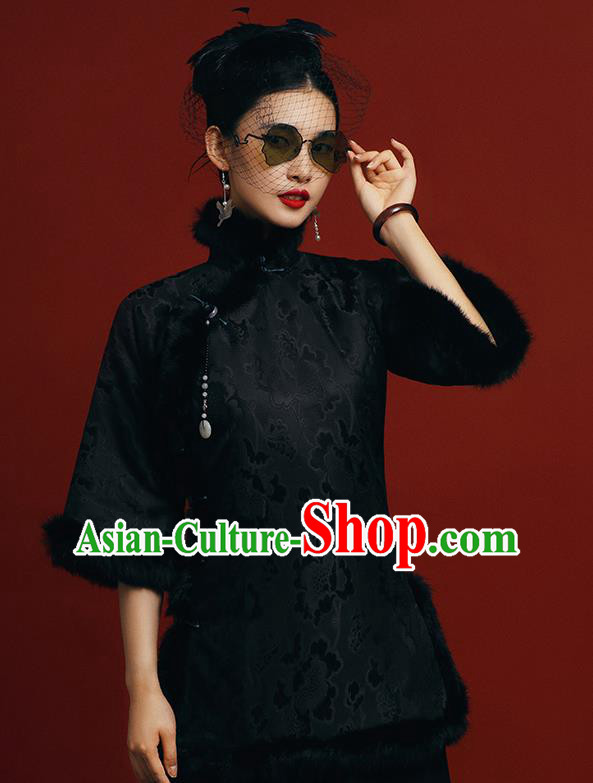 Chinese Tang Suit Overcoat Outer Garment Clothing National Winter Black Silk Cotton Wadded Jacket