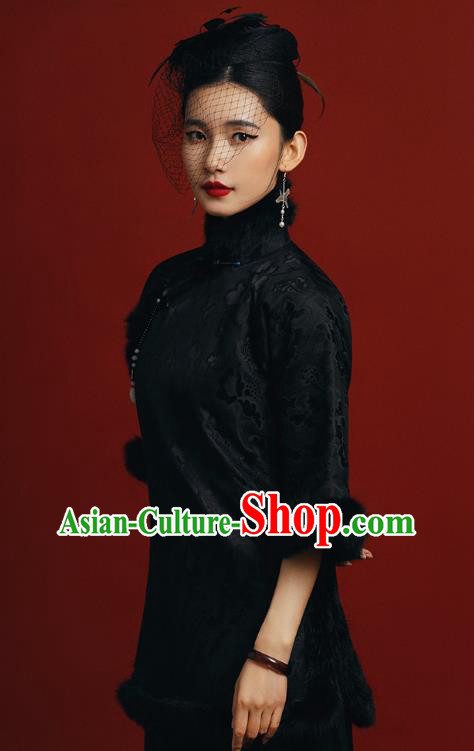 Chinese Tang Suit Overcoat Outer Garment Clothing National Winter Black Silk Cotton Wadded Jacket