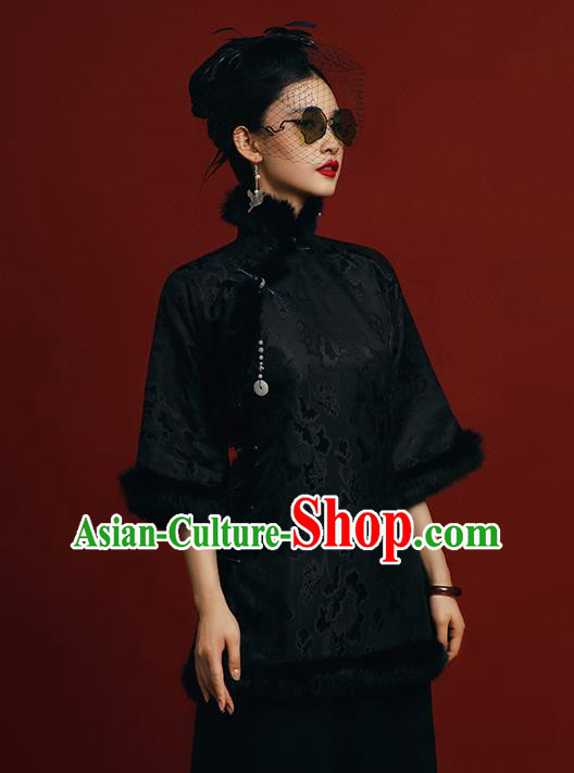 Chinese Tang Suit Overcoat Outer Garment Clothing National Winter Black Silk Cotton Wadded Jacket