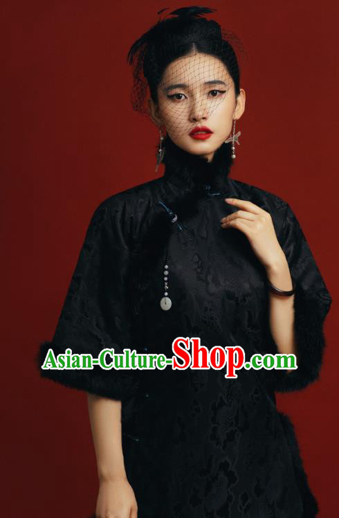 Chinese Tang Suit Overcoat Outer Garment Clothing National Winter Black Silk Cotton Wadded Jacket