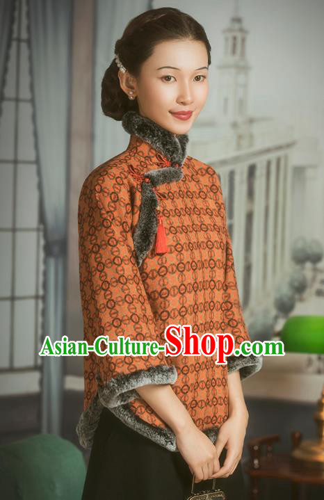 Chinese National Winter Orange Cotton Wadded Jacket Tang Suit Overcoat Outer Garment Clothing