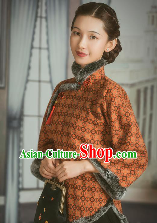 Chinese National Winter Orange Cotton Wadded Jacket Tang Suit Overcoat Outer Garment Clothing