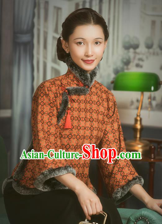 Chinese National Winter Orange Cotton Wadded Jacket Tang Suit Overcoat Outer Garment Clothing