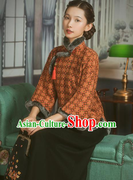 Chinese National Winter Orange Cotton Wadded Jacket Tang Suit Overcoat Outer Garment Clothing