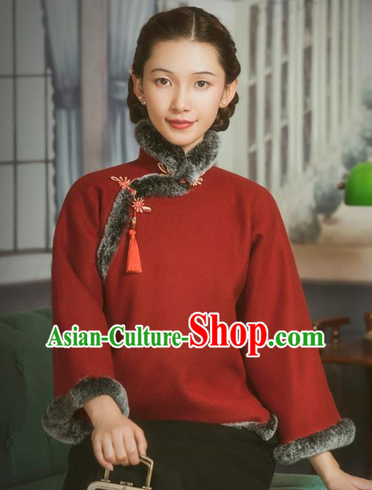 Chinese National Winter Clothing Red Woolen Jacket Tang Suit Overcoat Outer Garment