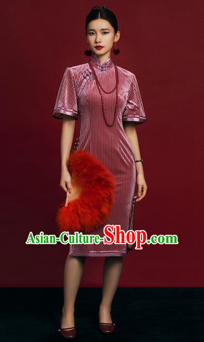 China Traditional Minguo Shanghai Beauty Qipao Dress Classical Young Lady Pink Velvet Cheongsam