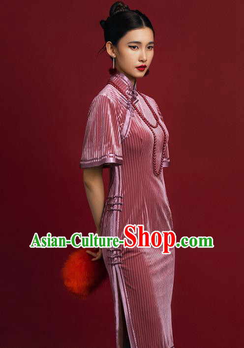 China Traditional Minguo Shanghai Beauty Qipao Dress Classical Young Lady Pink Velvet Cheongsam