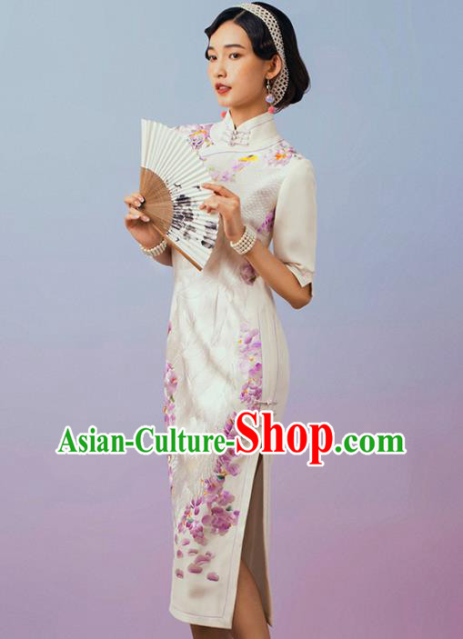 China Classical White Silk Cheongsam Traditional Minguo Shanghai Suzhou Embroidered Qipao Dress