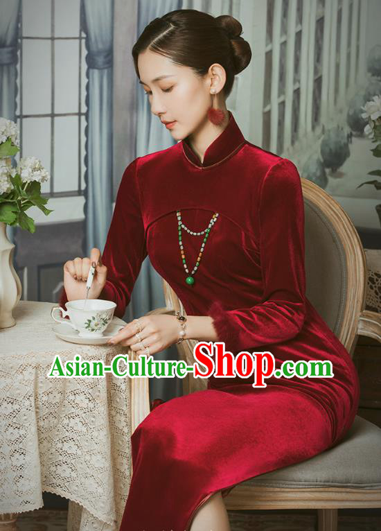 China Classical Wine Red Velvet Cheongsam Traditional Minguo Shanghai Young Woman Qipao Dress
