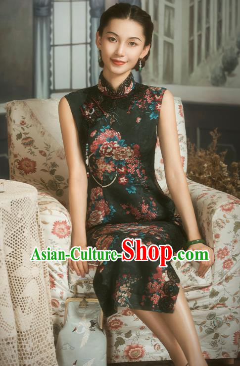 China Classical Printing Black Silk Cheongsam Traditional Minguo Shanghai Woman Qipao Dress