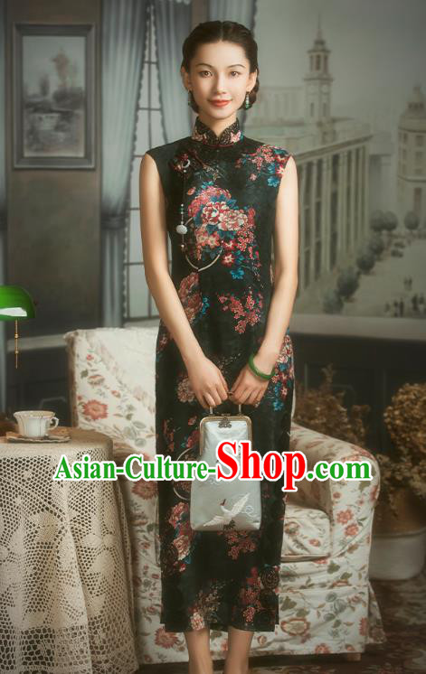 China Classical Printing Black Silk Cheongsam Traditional Minguo Shanghai Woman Qipao Dress