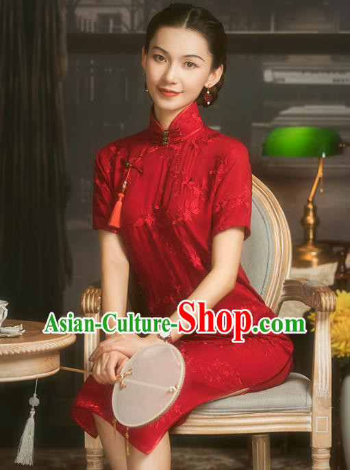 China Classical Wedding Bride Cheongsam Traditional Minguo Shanghai Woman Red Silk Qipao Dress