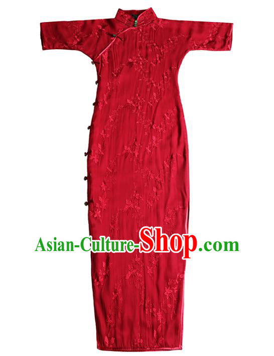 China Classical Wedding Bride Cheongsam Traditional Minguo Shanghai Woman Red Silk Qipao Dress