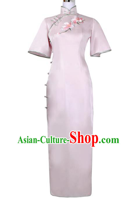 China Classical Shanghai Woman Cheongsam Traditional Minguo Embroidered Mangnolia Pink Silk Qipao Dress