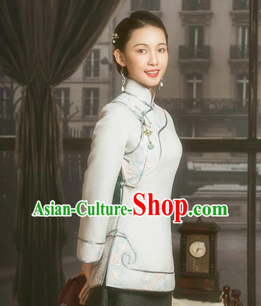 Chinese National Winter Upper Outer Garment Clothing Tang Suit White Woolen Jacket