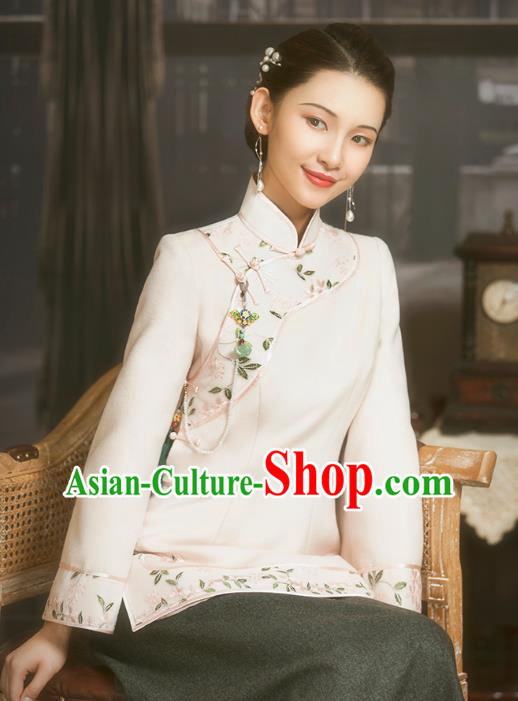 Chinese Tang Suit Light Pink Woolen Jacket National Winter Upper Outer Garment Clothing