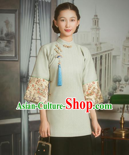 Chinese Woman Woolen Clothing Tang Suit Wide Sleeve Light Green Jacket National Outer Garment