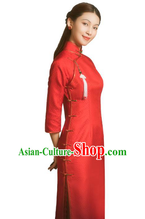 China Classical Wedding Bride Red Silk Cheongsam Traditional Minguo Shanghai Young Lady Qipao Dress