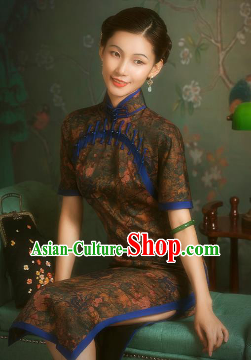 China Classical Front Opening Silk Cheongsam Traditional Minguo Shanghai Brown Gambiered Guangdong Gauze Qipao Dress