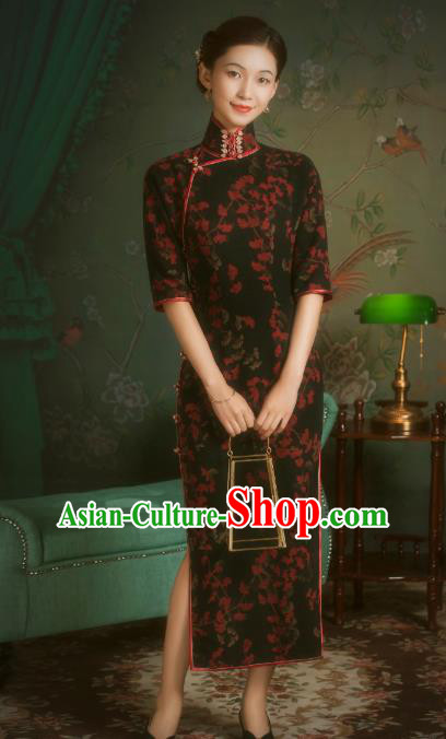 China Classical Black Gambiered Guangdong Gauze Cheongsam Traditional Minguo Old Shanghai Qipao Dress