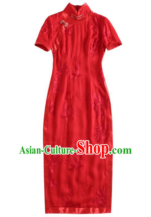 China Classical Wedding Bride Cheongsam Traditional Minguo Young Woman Red Silk Qipao Dress
