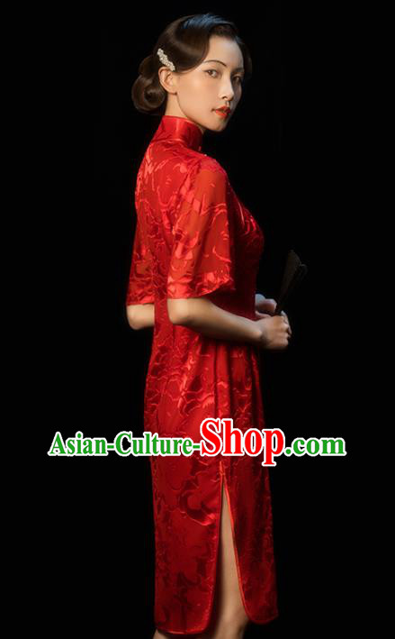 China Classical Wedding Bride Red Cheongsam Traditional Minguo Young Woman Wide Sleeve Qipao Dress
